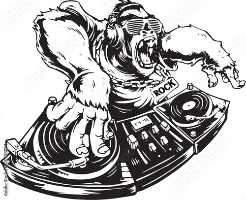 black and white illustration of a monkey enjoy dj silhouette vector clipart illustration
