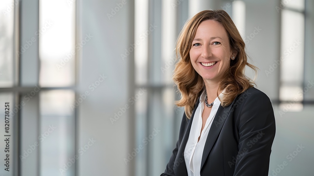 Confident businesswoman in a modern office setting, smiling and exuding professionalism, dressed in a formal suit. Confident businesswoman in a modern office setting, smiling and exuding professionalism, dressed in a formal suit.