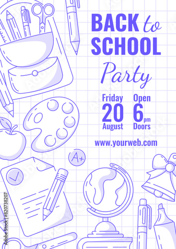 Back to school party, vector blue modern minimalist poster with school supplies, line icons. Education, learning, knowledge concept. a4 format. For banner, cover, web, flyer, event, celebration