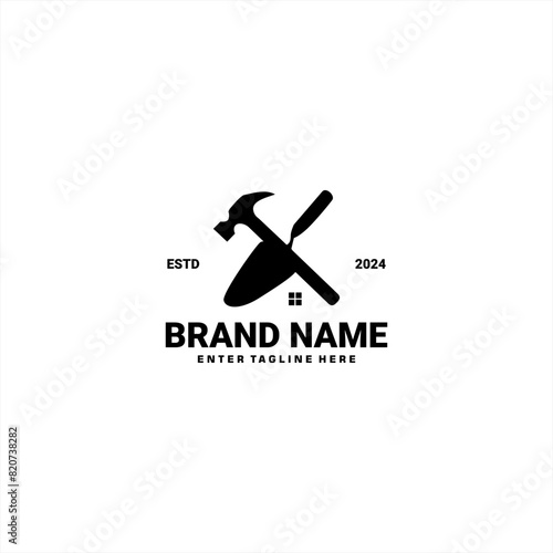 construction logo vector design for home repair, rehab logo design, logo hammer, shovel, roof, window,