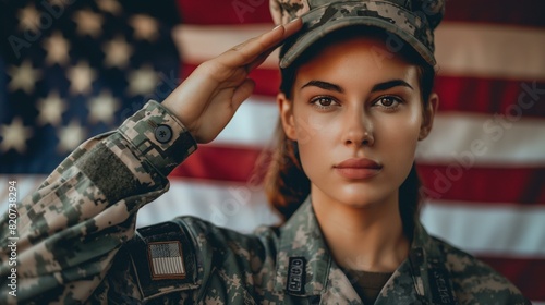 Proud Female Soldier in Camouflage Uniform Saluting Against American Flag Background