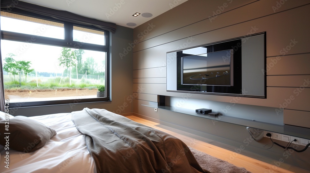 Fototapeta premium A minimalist bedroom with a sleek, wall-mounted TV panel and a custom, built-in sound system