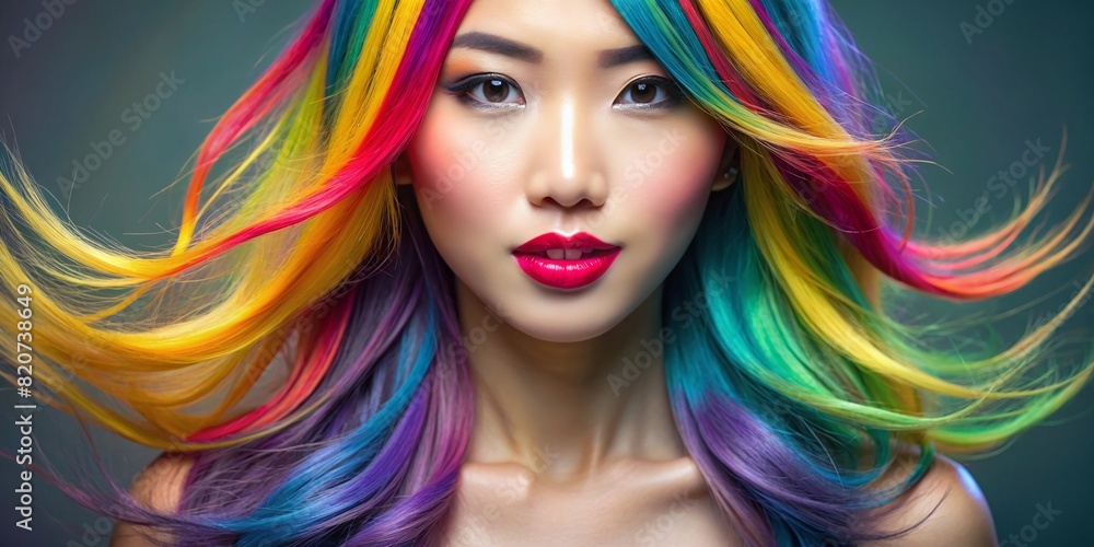 Fototapeta premium beautiful young thai woman with colorful hair smiling face space for text colored backgrounds