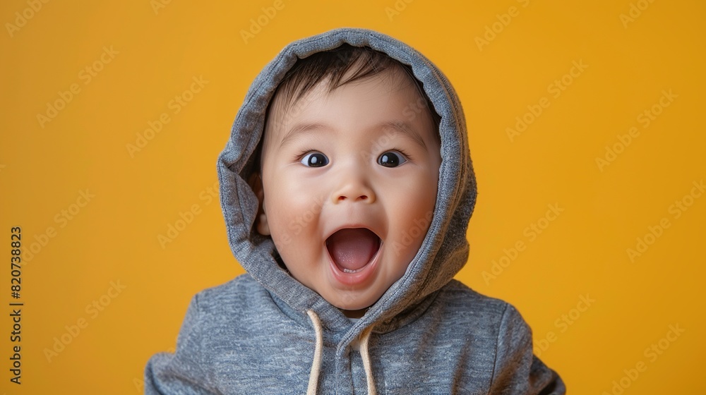 Close-up portrait of a surprised Asian toddler baby with open mouth in a casual hoodie on an isolated yellow background. for advertising background, banner or flyer with copy space for add text Close-up portrait of a surprised Asian toddler baby with open mouth in a casual hoodie on an isolated yellow background. for advertising background, banner or flyer with copy space for add text