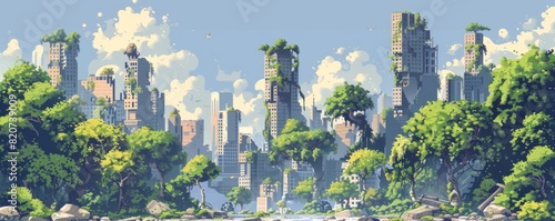 A post-human world reclaimed by nature, with overgrown ruins of once-great cities now inhabited by wildlife.   illustration.