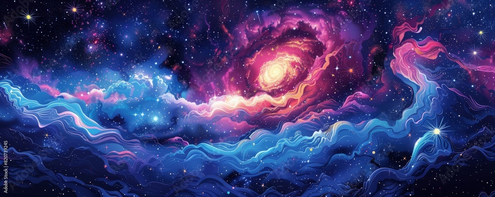 A celestial realm where stars and galaxies swirl in a cosmic dance, where the mysteries of the universe unfold before your eyes. illustration. A celestial realm where stars and galaxies swirl in a cosmic dance, where the mysteries of the universe unfold before your eyes. illustration.