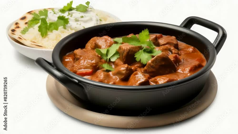 A bowl of red curry with meat and vegetables sits on a plate. A bowl of rice is also present A bowl of red curry with meat and vegetables sits on a plate. A bowl of rice is also present