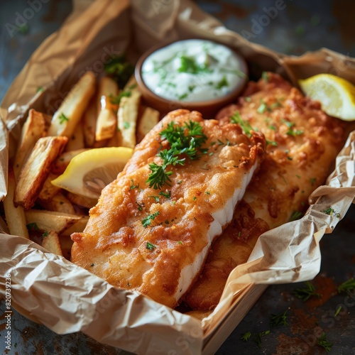 a classic batter of fish and chips served with tartar sauce alongside a generous amount of fries