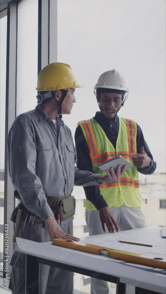 Vertical shot of diverse construction workers using digital tablet while examining workplan Vertical shot of diverse construction workers using digital tablet while examining workplan