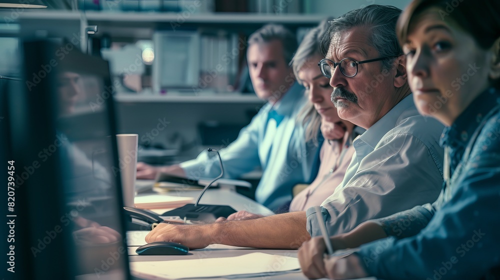 Stressed Middle Aged Office Worker with Worried Expression at Desk, Facing Job Anxiety and Corporate Pressure Stressed Middle Aged Office Worker with Worried Expression at Desk, Facing Job Anxiety and Corporate Pressure
