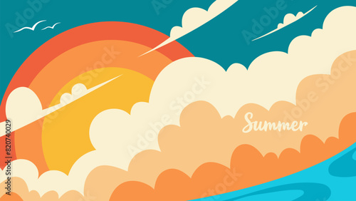 Summer Landscape. Summertime backgroud with sun, clouds, sea and hand lettering for Summer season creative graphic design. Vector illustration.