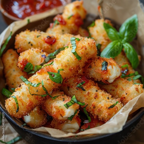 fried mozzarella sticks infused with herbs and spices served alongside marinara sauce