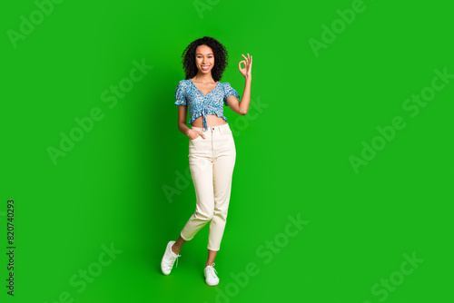 Full size photo of nice young woman show okey symbol wear top isolated on green color background