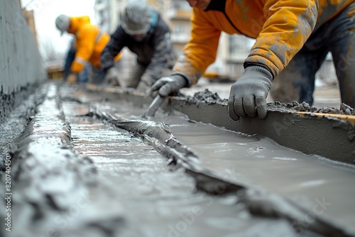 Workers leveling concrete on a construction site, detailed close up © Darya Lavinskaya