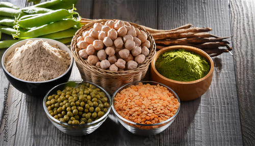 Various assortment of indian legumes in bowls - beans, chickpeas, lentils, dal top view. Vegetable proteins. Vegan food. Healthy eating concept.