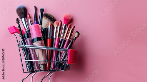 A shopping cart trolley full of makeup products isolated against a pink background. For the design of cosmetic advertising banners, flyers or posters with copy space to add text.