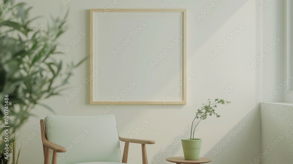 Frame mockup. Home interior with light green chair and mini table, wall poster frame. 3D render Frame mockup. Home interior with light green chair and mini table, wall poster frame. 3D render