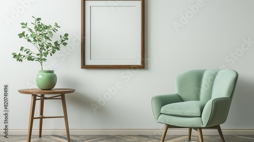 Frame mockup. Home interior with light green chair and mini table, wall poster frame. 3D render © woojooo
