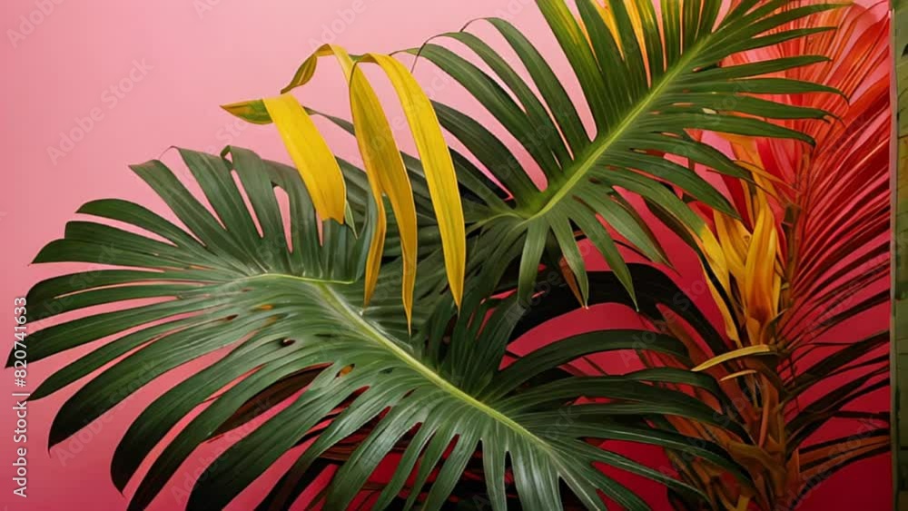 vivid tropical leaves against a striking pink background in shades of green, yellow and red colors. vivid tropical leaves against a striking pink background in shades of green, yellow and red colors.