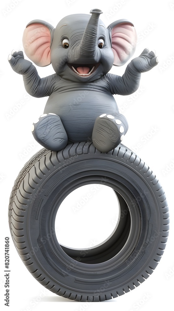 Fototapeta premium Cheerful Elephant Balancing on Recycled Tire with Friendly Smile on White Background