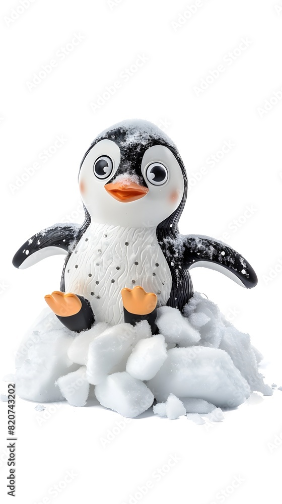 Fototapeta premium Cute Penguin Sliding Down a Hill Made of Recycled Snow on Isolated White Background