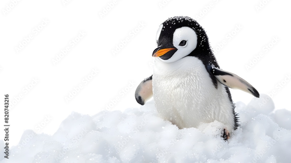Fototapeta premium Cute Penguin Sliding Down Recycled Snow Hill in Playful Winter Scene