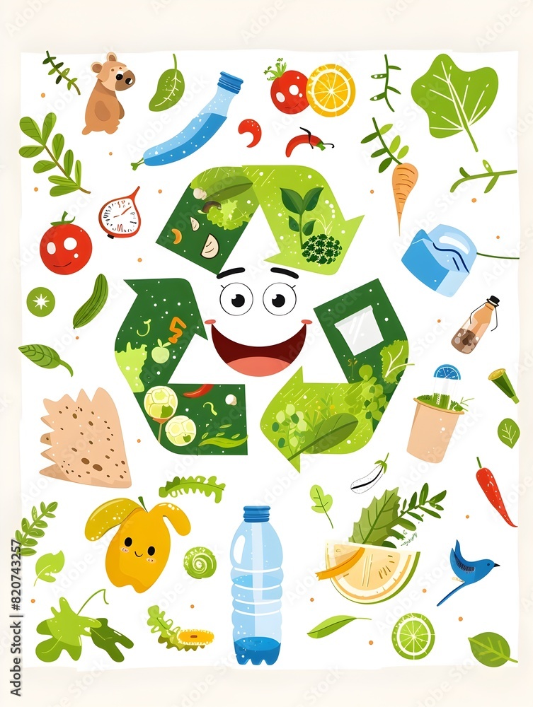 Fototapeta premium Cute Recycling Symbol Surrounded by Happy Nature Icons on White Background