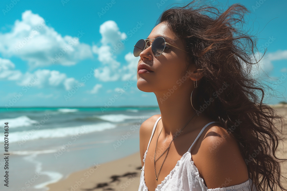 A woman with long hair is standing on a beach, wearing sunglasses A woman with long hair is standing on a beach, wearing sunglasses