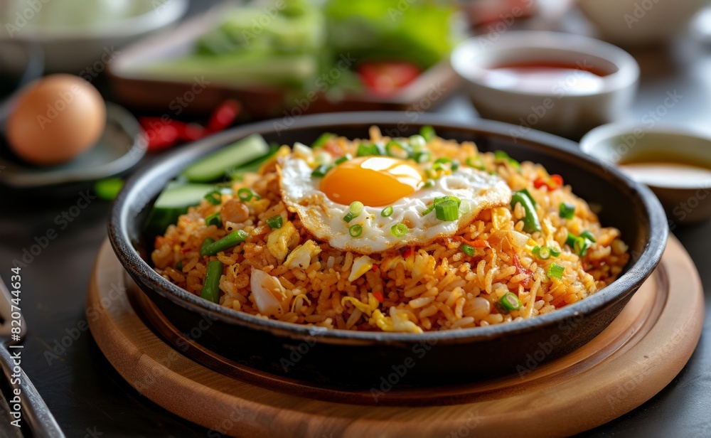 Indonesian food fried rice with vegetable shredded chicken and fried eggs, Asian food style