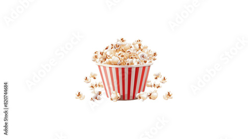 Photograph of a red and white striped popcorn bucket filled to the brim with freshly popped popcorn, with some kernels scattered around.