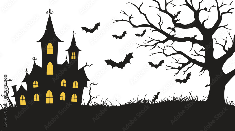 A spooky illustration of a haunted house scene is depicted against a white background. The silhouette of the haunted house with lit windows is surrounded by flying bats and a gnarled, leafless tree.
