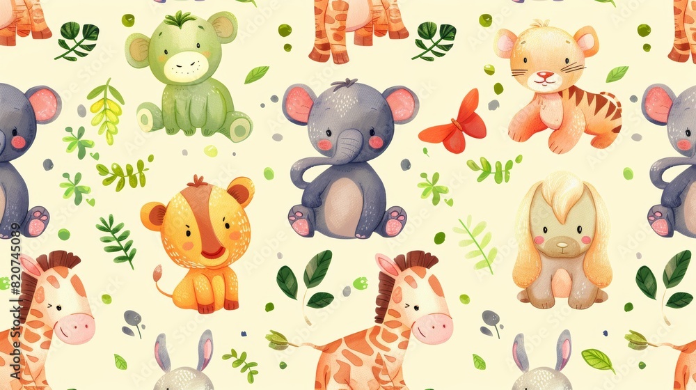 Naklejka premium Adorable cartoon sloths and tropical plants