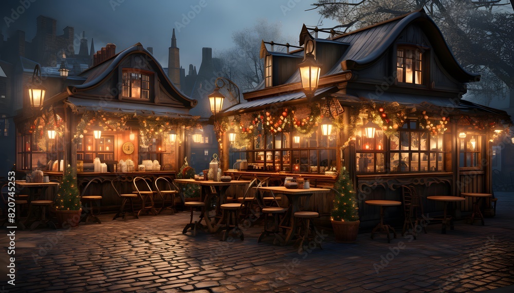 Illuminated restaurant in the old town at night - 3D render