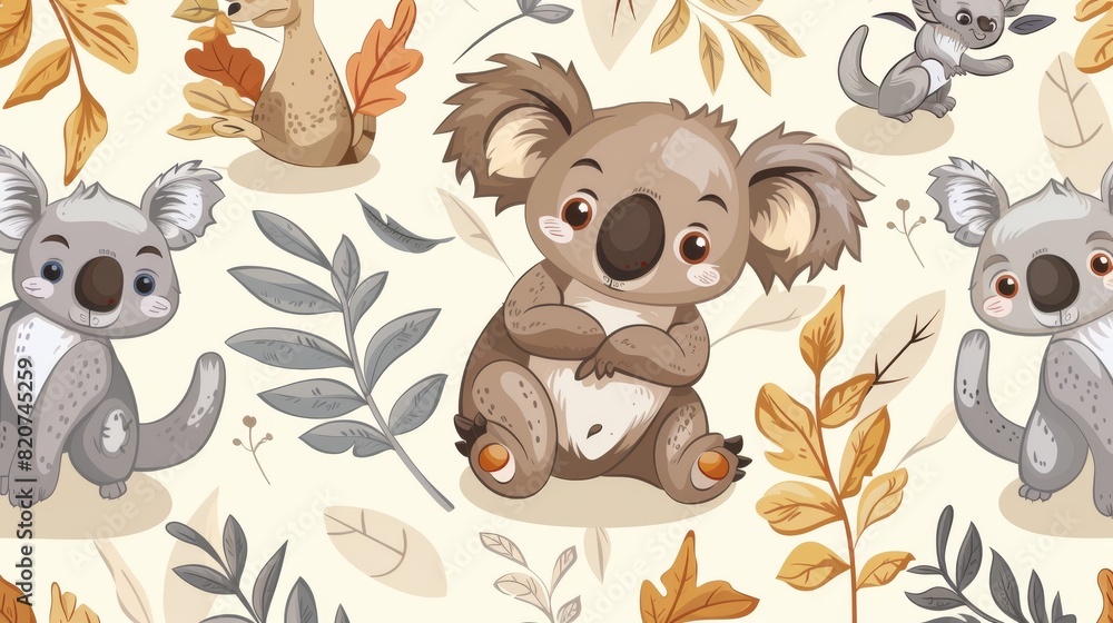 Obraz premium Adorable cartoon sloths and tropical plants