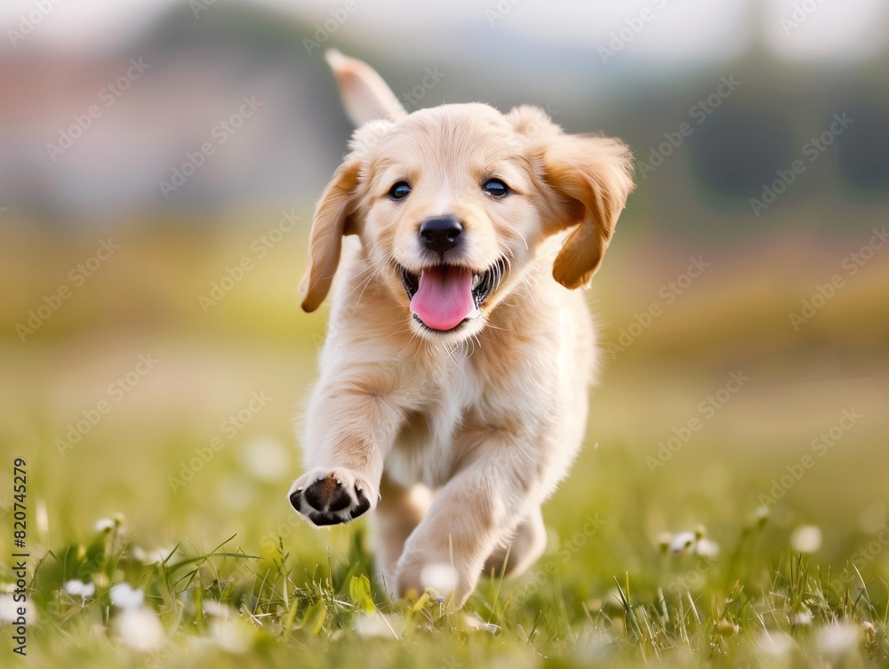 Golden retriever puppy running on green grass in the summer, looking happy and cute