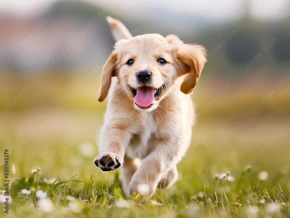 Golden retriever puppy running on green grass in the summer, looking happy and cute Golden retriever puppy running on green grass in the summer, looking happy and cute