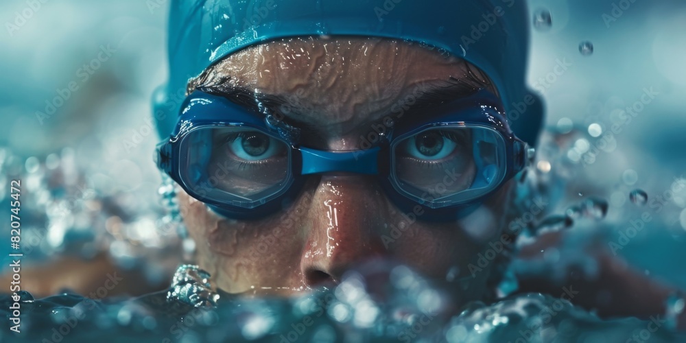 Fototapeta premium This image captures an intense close-up of a professional male swimmer