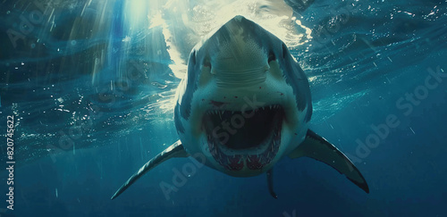 a huge white shark swimming under the blue ocean, mouth open and teeth showing