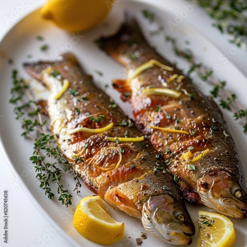 a baked trout infused with secret herbs and spices, garnished with parsley, a few slices of lemon served on a fancy dish