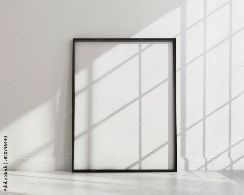 Black Frame with Blank Glass on the Wall in a Sunlit Room Black Frame with Blank Glass on the Wall in a Sunlit Room