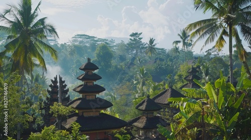 epic cinematic Bali landscape on sunny day  temples on horizon  jungle
