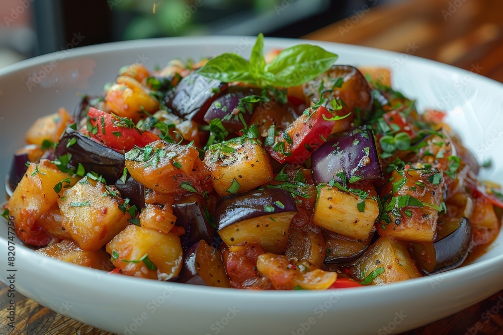 Caponata: A Sicilian eggplant dish with a sweet and sour sauce, featuring visible chunks of vegetables. Caponata: A Sicilian eggplant dish with a sweet and sour sauce, featuring visible chunks of vegetables.