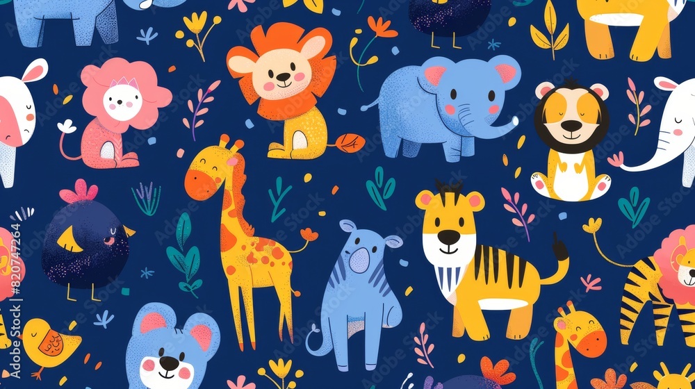Colorful cartoon animals pattern on a blue background Colorful cartoon animals pattern on a blue background