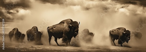 Herd of Bison Charging Through Dusty Plains.