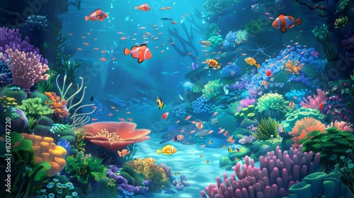 Cartoon underwater adventure with divers and fish