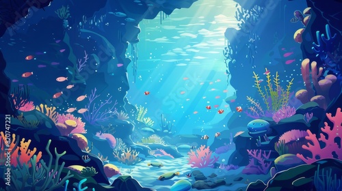 Fototapeta Naklejka Na Ścianę i Meble -  Cartoon underwater adventure with divers and fish