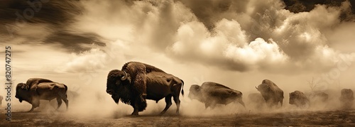 Herd of Bison Charging Through Dusty Plains.