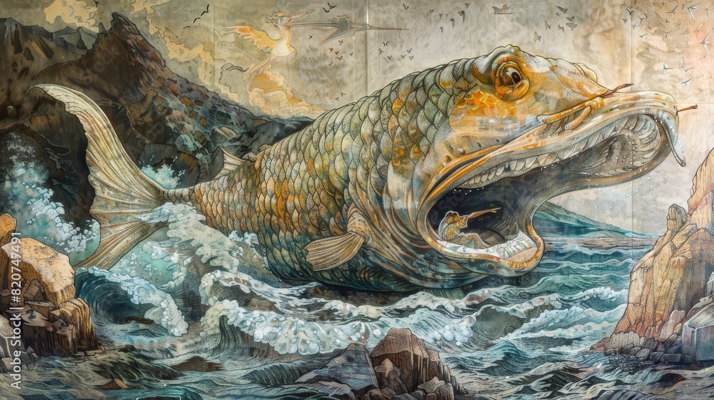 Jonah Being Swallowed by Giant Fish in Tumultuous Sea Biblical Illustration for Inspirational Art Jonah Being Swallowed by Giant Fish in Tumultuous Sea Biblical Illustration for Inspirational Art