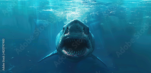 a huge white shark swimming under the blue ocean  mouth open and teeth showing