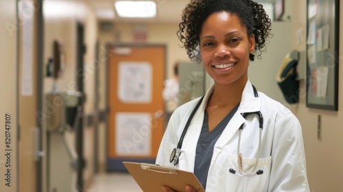 Confident black female doctor smiling at camera in hospital hallway